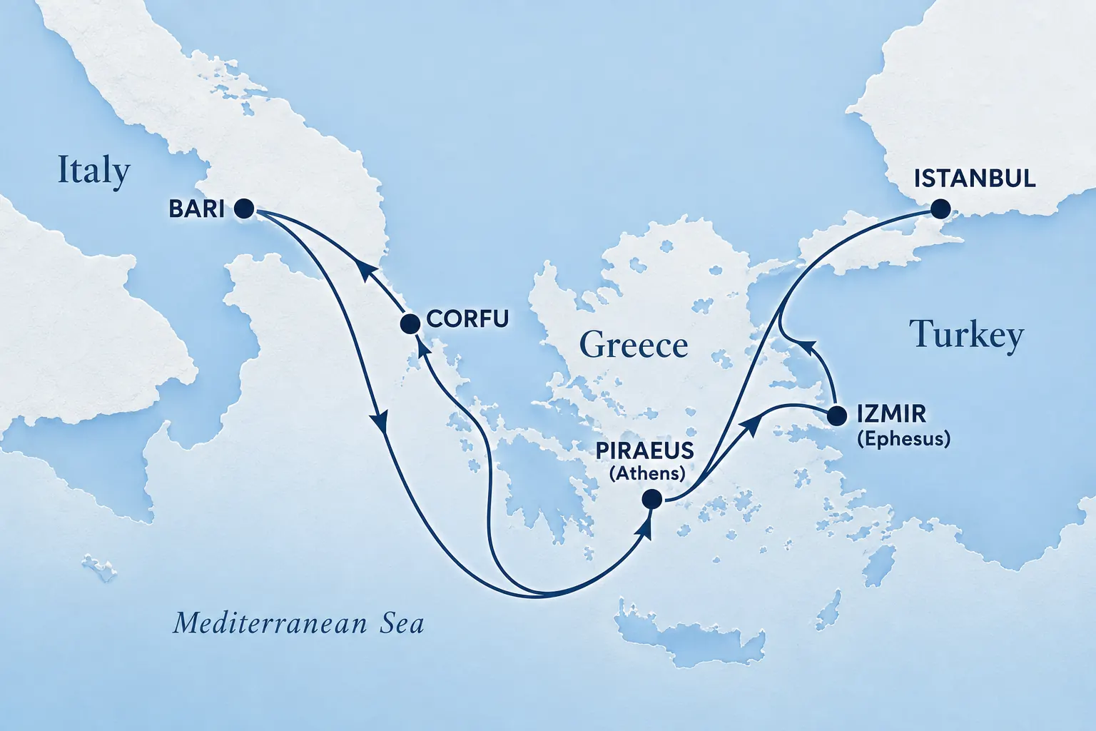 Карта маршрута MSC Lirica: Стамбул — Корфу — Бари — Пирей — Измир — Стамбул
